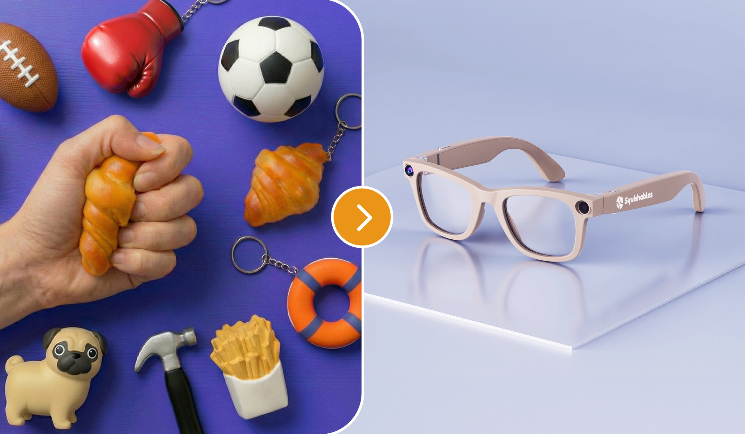 Custom promotional stress balls and SquishTec smart glasses collection for B2B branding and events